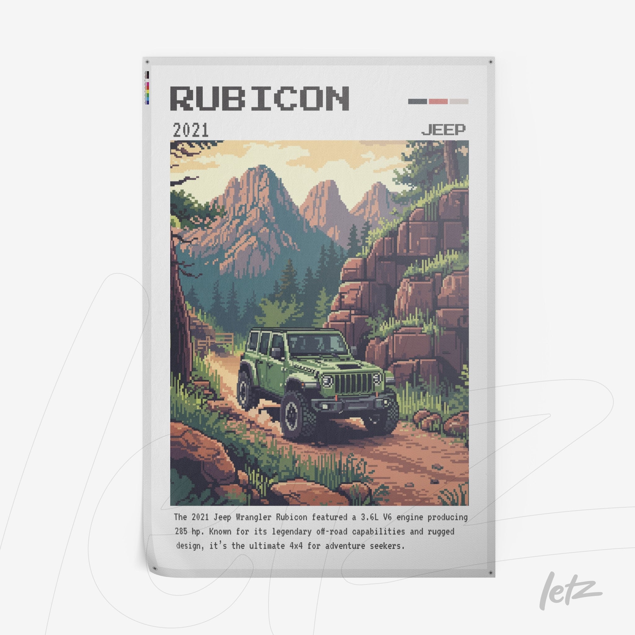 canvas artwork depicting a 2021 Jeep Wrangler Rubicon on a mountain trail surrounded by trees and rocky hills