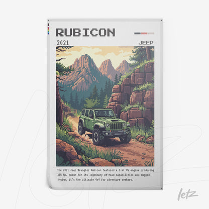 canvas artwork depicting a 2021 Jeep Wrangler Rubicon on a mountain trail surrounded by trees and rocky hills