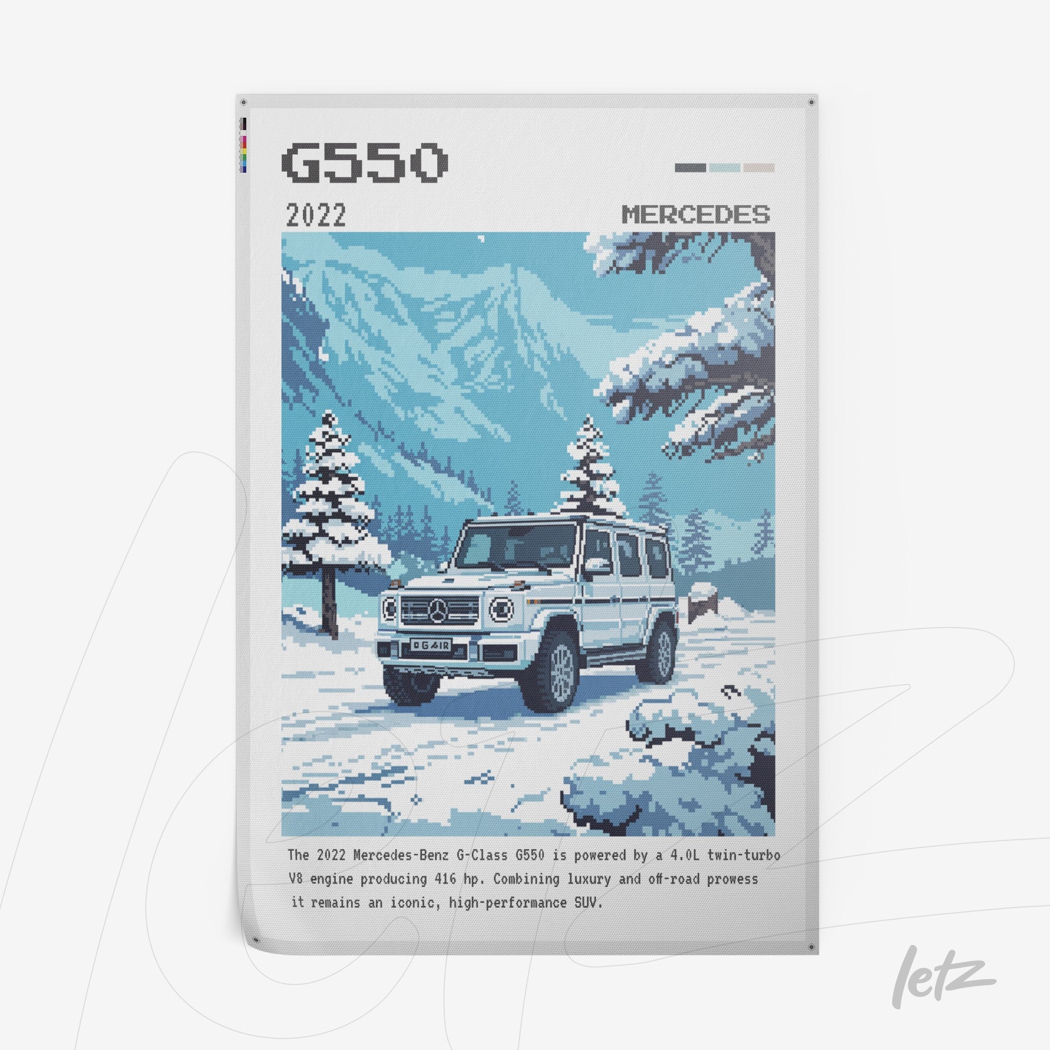 pixel art framed illustration of a Mercedes G550 vehicle in a snowy mountain landscape