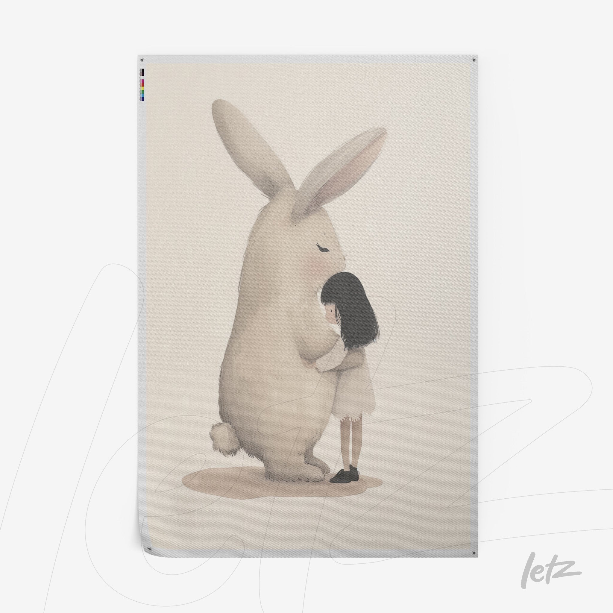 soft illustration of a girl hugging a giant rabbit against a neutral background