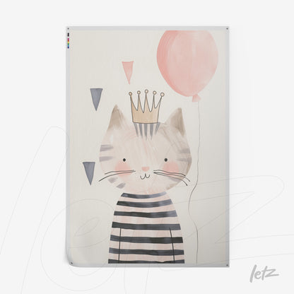illustrative art of a cat wearing a crown and holding a balloon in soft shades of pink and gray