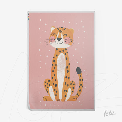 framed wall art featuring a smiling jaguar illustration on a light pink background