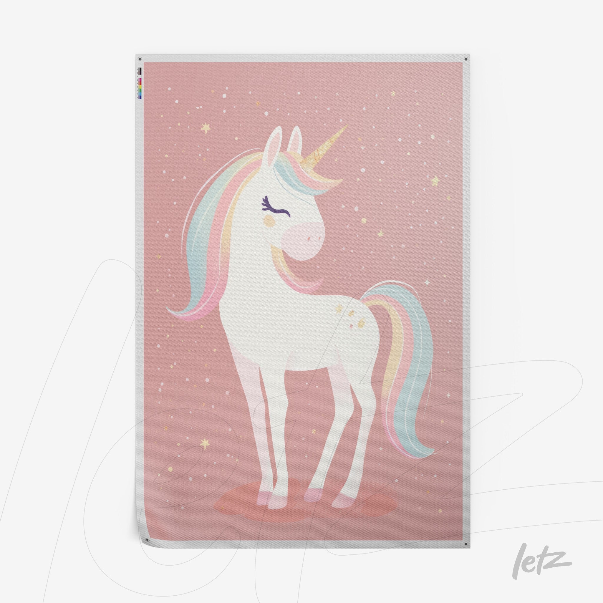 framed wall art of a stylized unicorn on pink background with golden stars