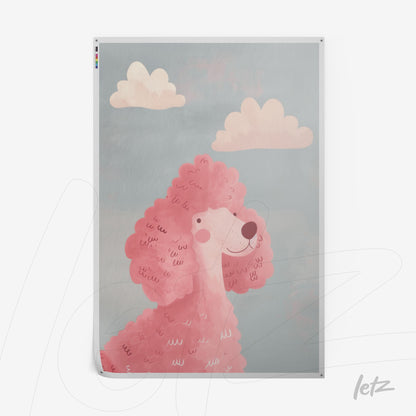canvas art featuring a pink poodle illustration against a light blue background with soft clouds