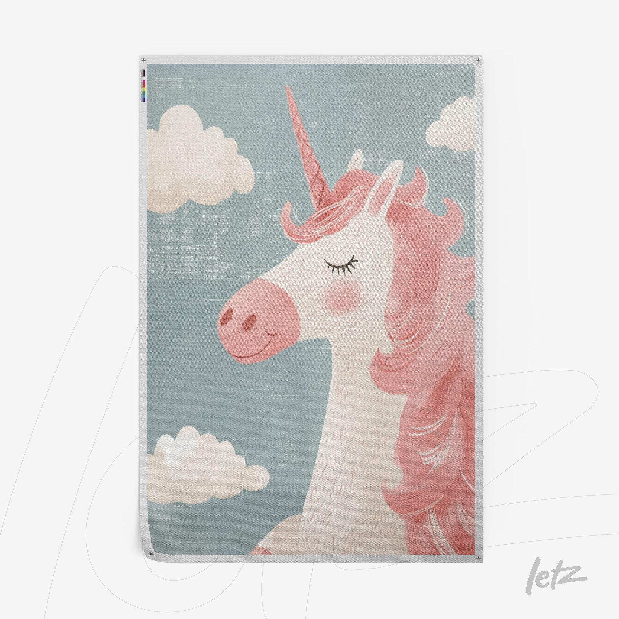 framed wall art featuring a pink-maned unicorn against a blue background with fluffy clouds