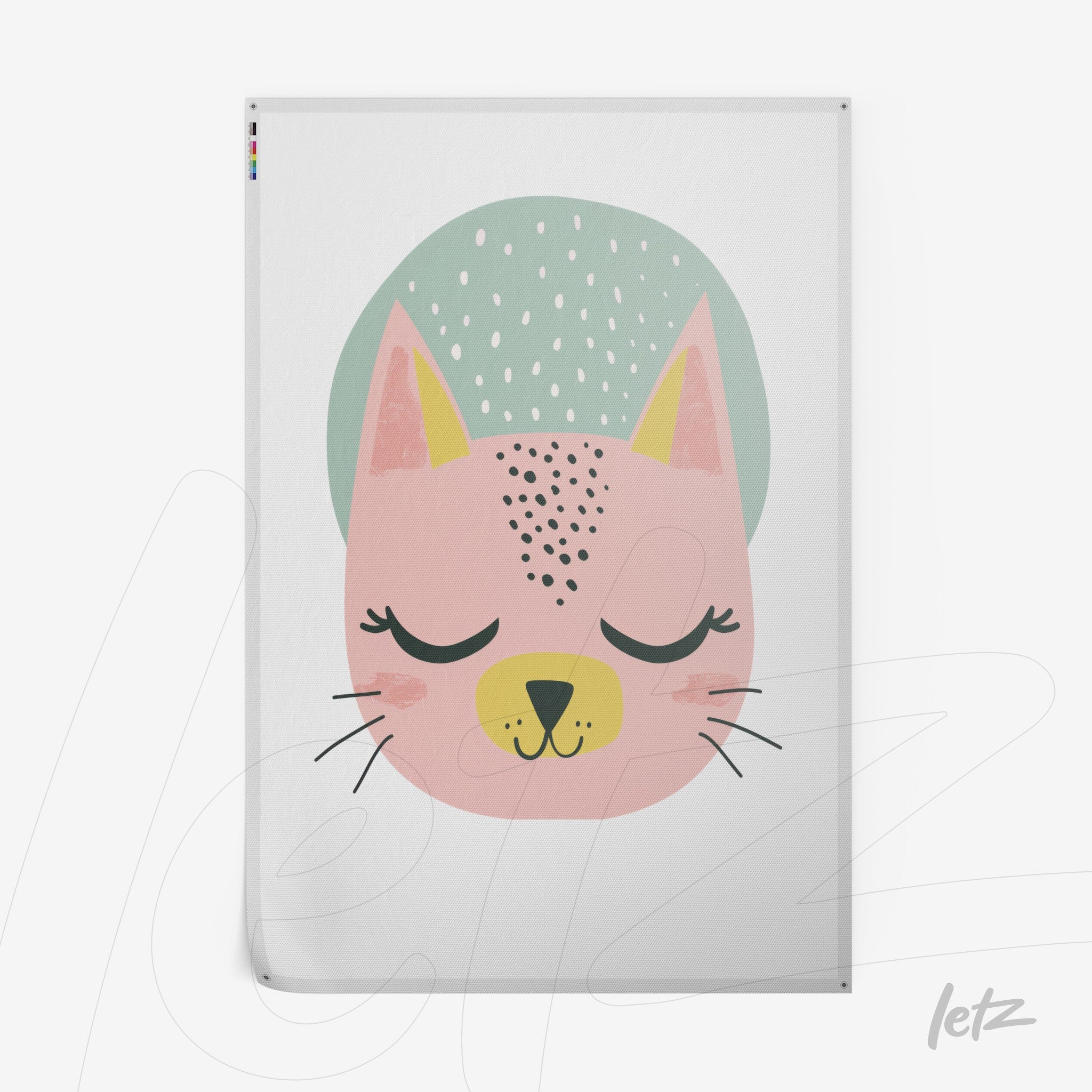framed artwork featuring a pink cat with closed eyes and a green hat on a white background