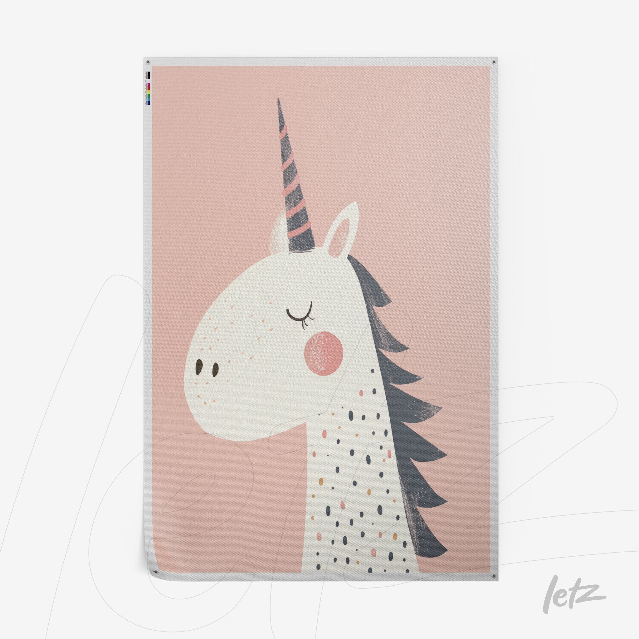 poster print featuring a unicorn illustration on pink background with black and gray details