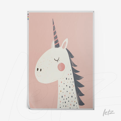 poster print featuring a unicorn illustration on pink background with black and gray details