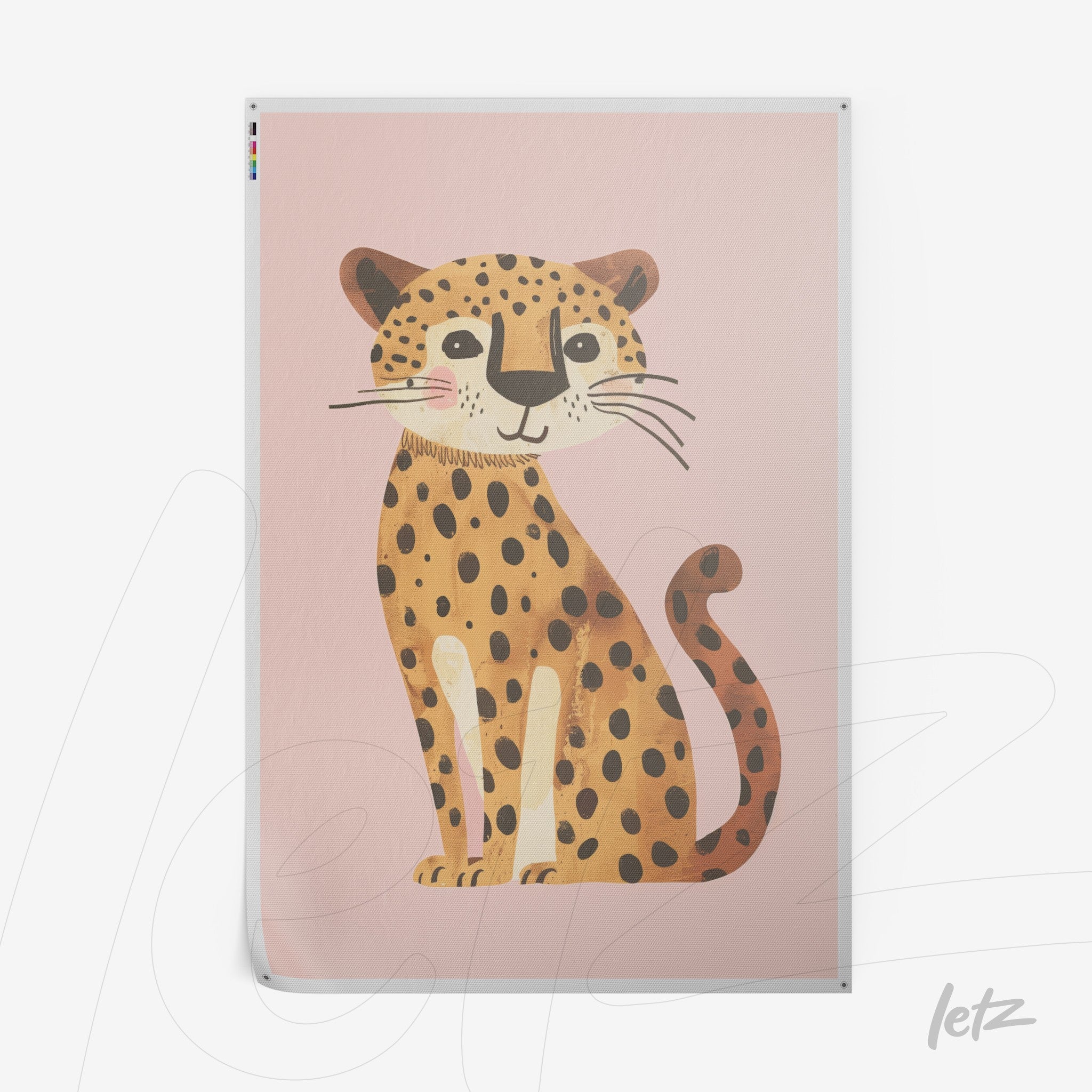 poster featuring an illustration of a leopard on a soft pink background