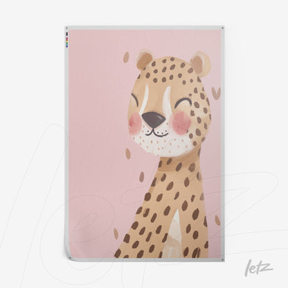 framed artwork depicting a smiling leopard illustration on a soft pink background