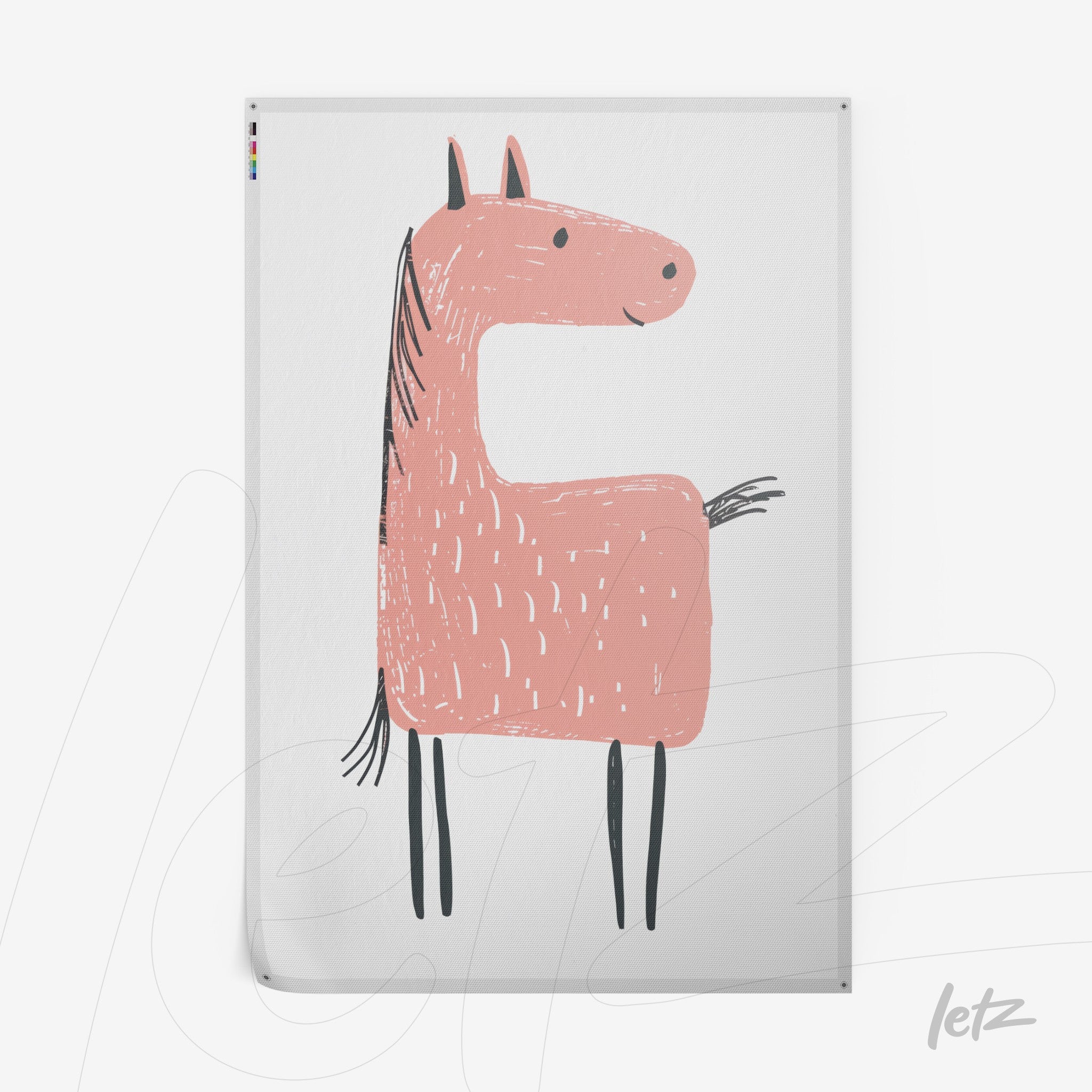 framed illustration of a stylized pink horse on a white background