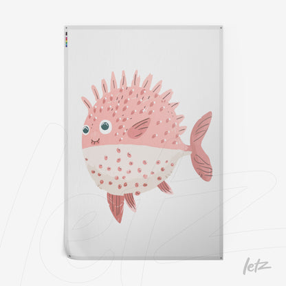 framed artwork featuring a pink pufferfish illustration with spines and expressive eyes
