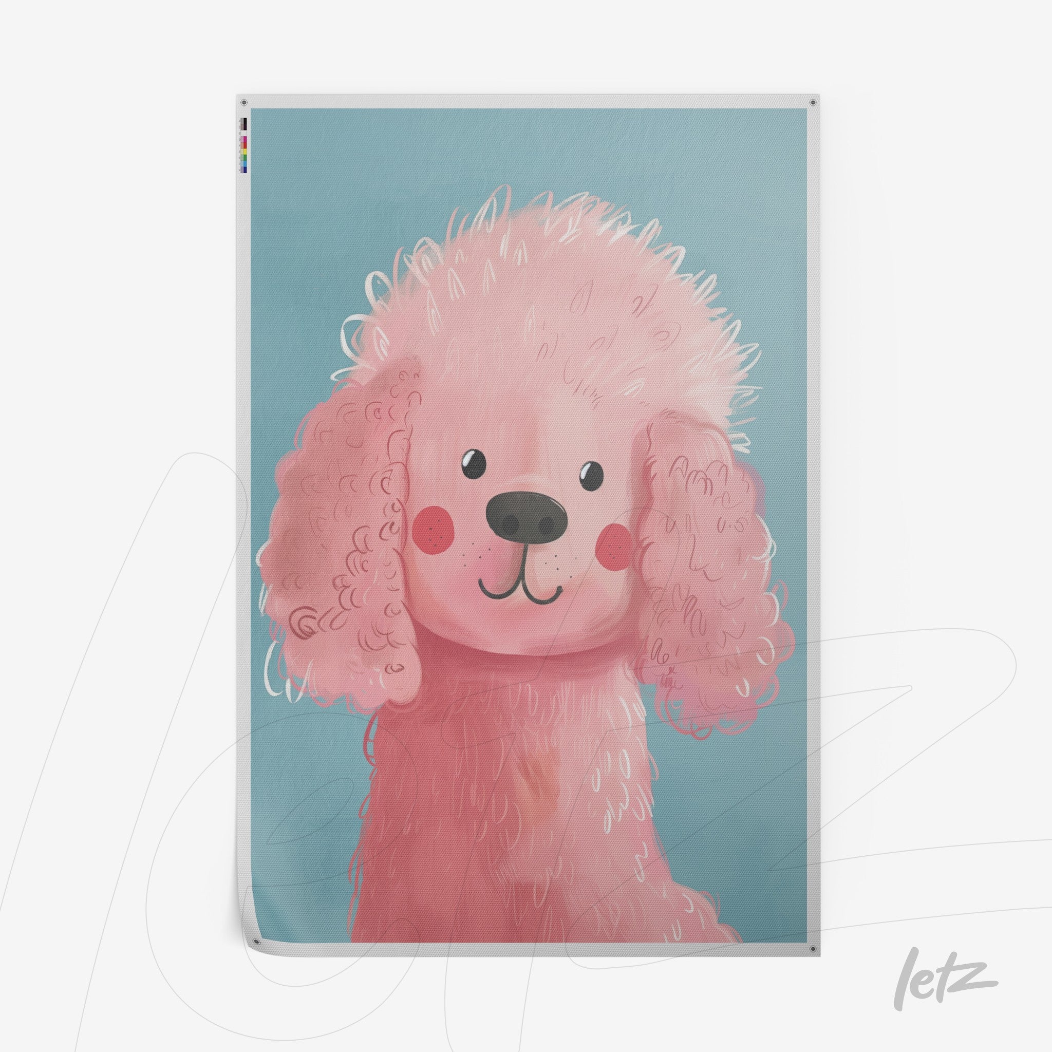 colorful digital wall art of a smiling pink poodle against a blue background