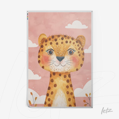 framed artwork featuring a smiling leopard illustration on a pink background with white clouds