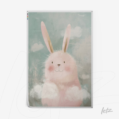 canvas print featuring a cute pink rabbit with fluffy fur against a soft blue background