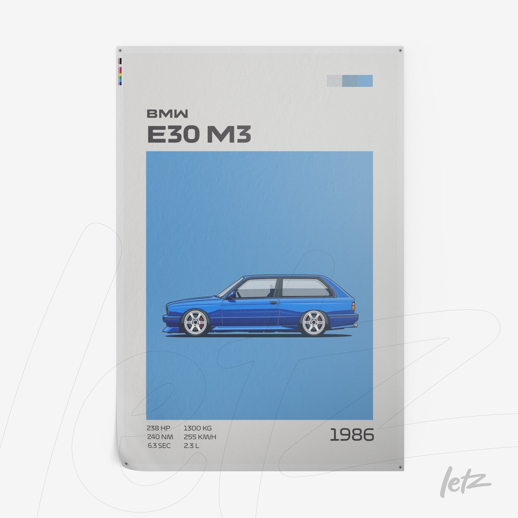 poster print featuring digital illustration of BMW E30 M3 in blue tone against a light background