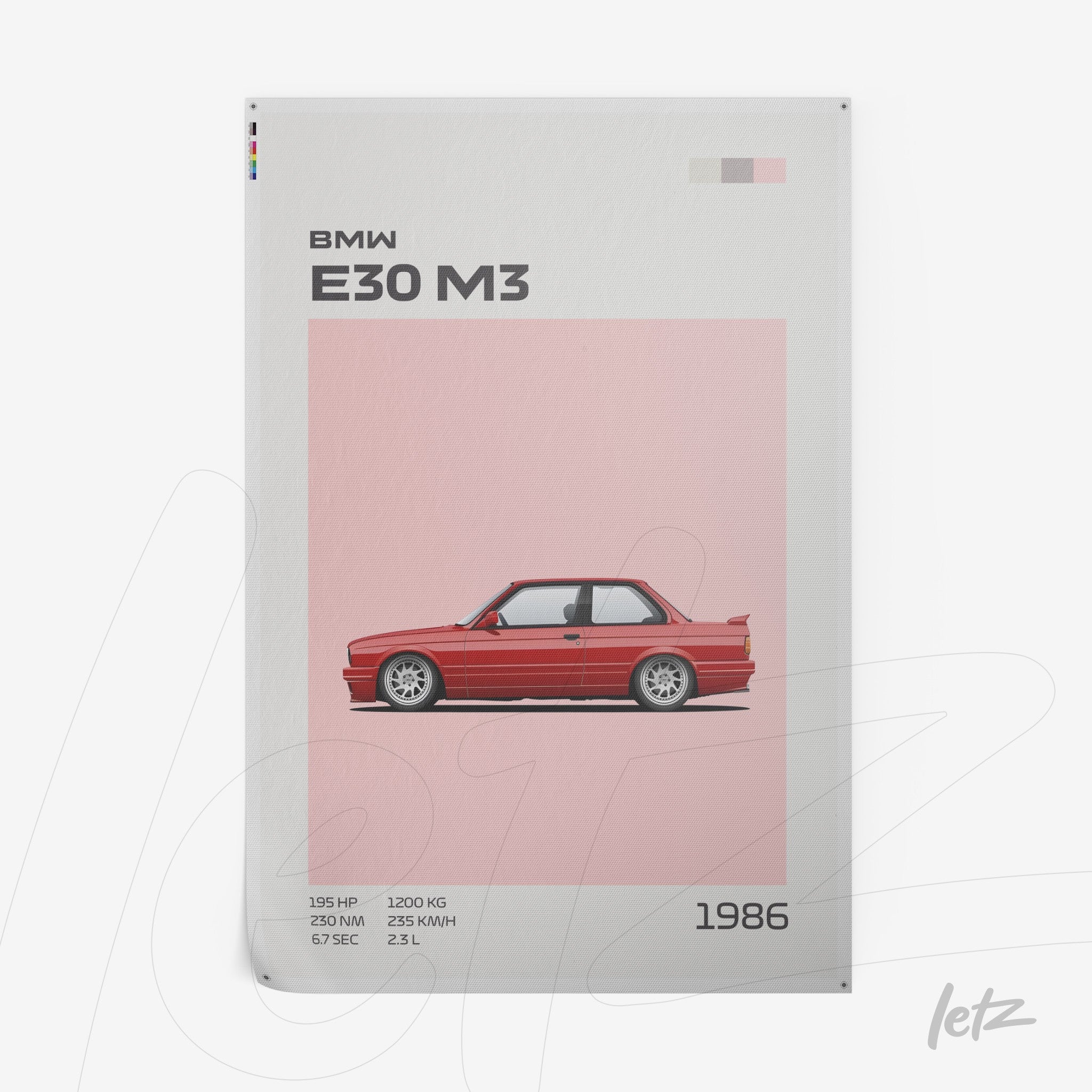 framed artwork featuring BMW E30 M3 illustration on a pink background with text details