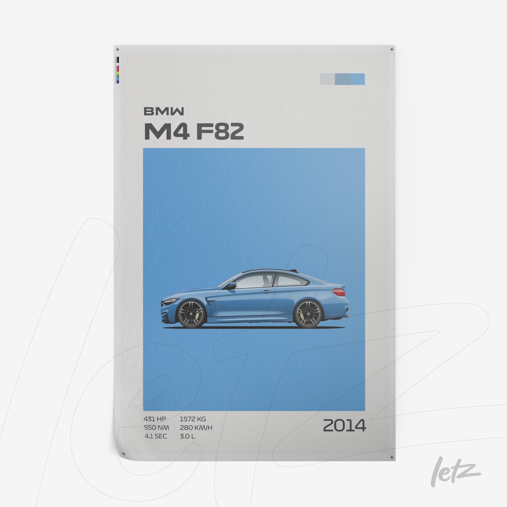 framed wall art featuring a stylized illustration of the BMW M4 F82 in a light blue background, highlighting technical details like horsepower and weight