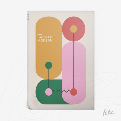 poster featuring modern bauhaus style abstract art in pink, mustard, green, and red on a light background