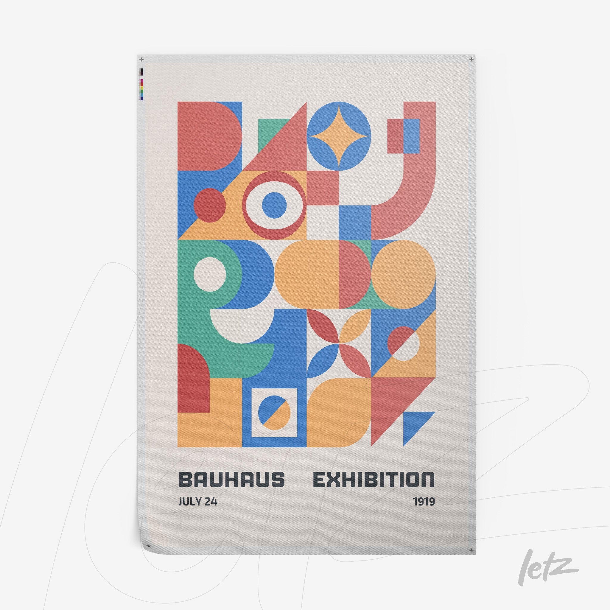 poster print featuring colorful geometric design in Bauhaus style with exhibition text