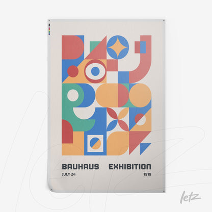 poster print featuring colorful geometric design in Bauhaus style with exhibition text