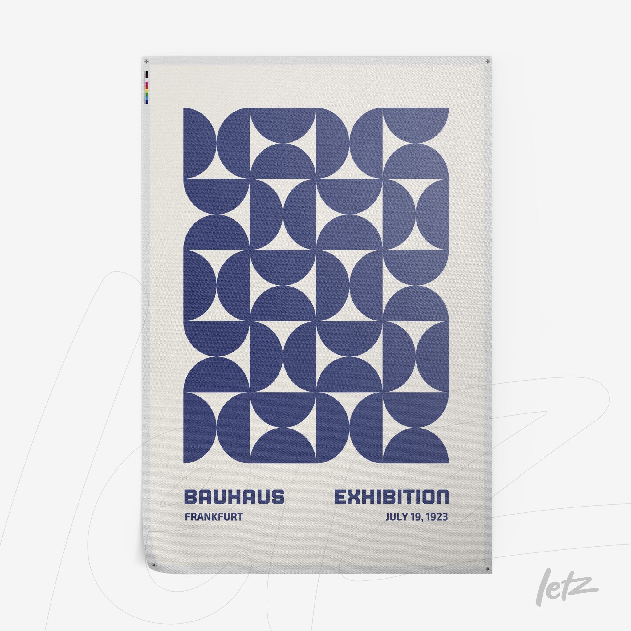 poster print with geometric blue design against a white background with text for bauhaus exhibition in frankfurt