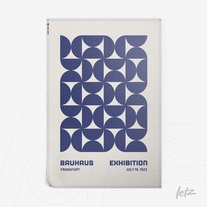 poster print with geometric blue design against a white background with text for bauhaus exhibition in frankfurt