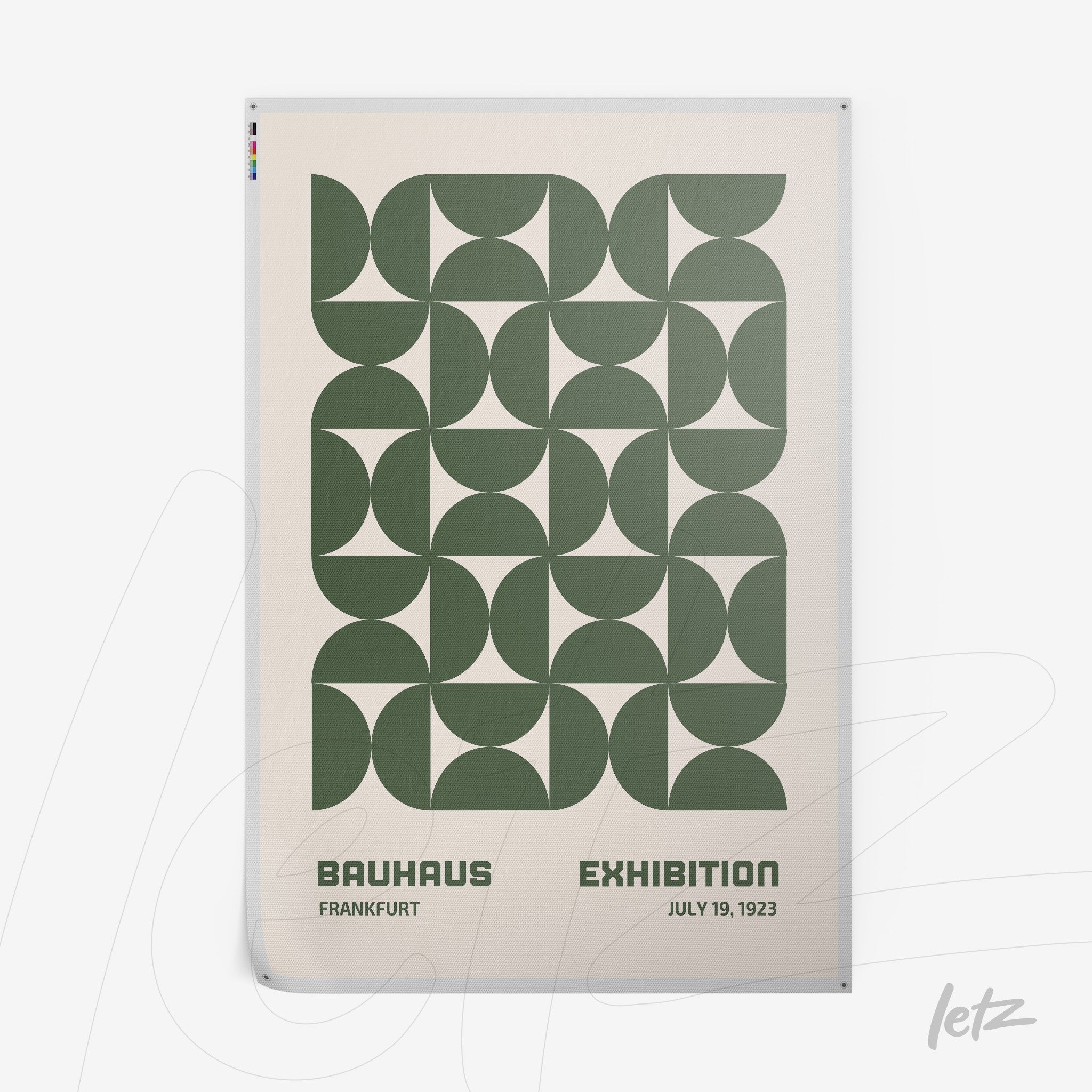 poster print featuring green geometric design inspired by Bauhaus style with text on exhibition from 1923