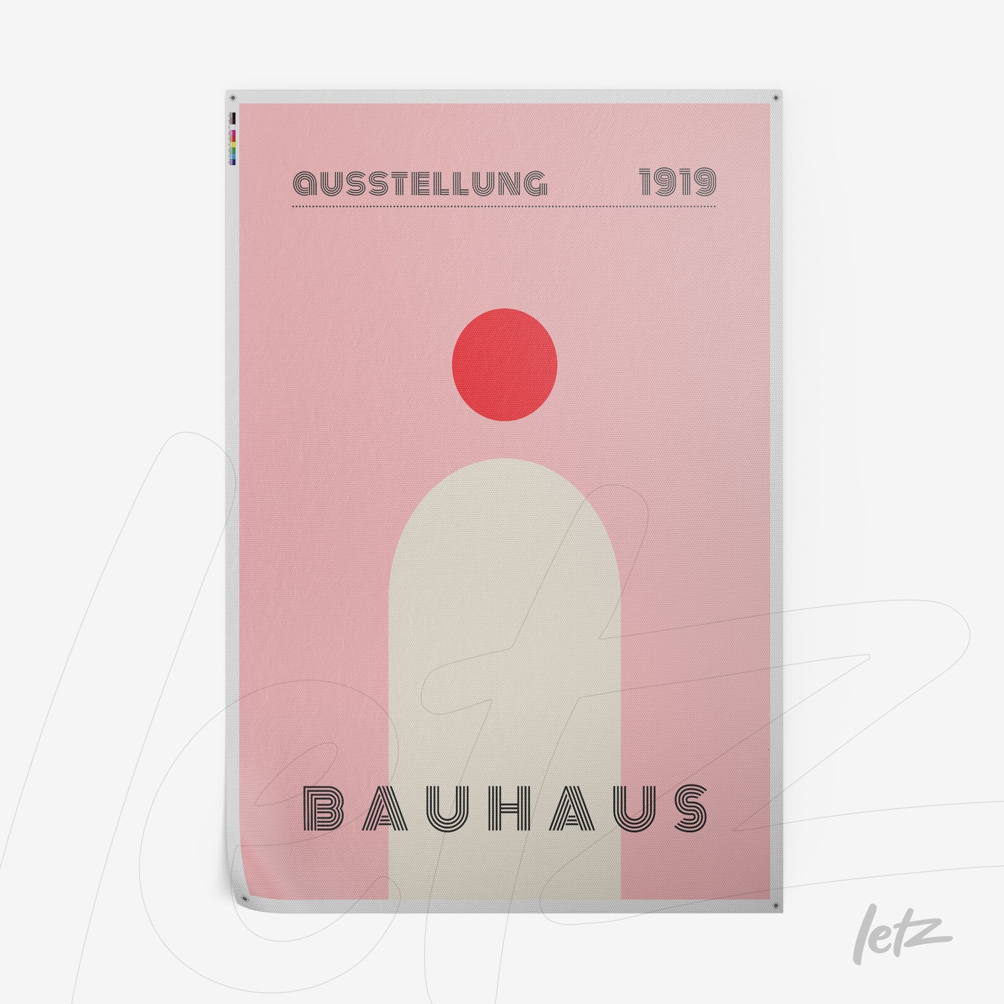 poster print with minimalist design inspired by bauhaus style, displaying geometric shapes in red and pink hues