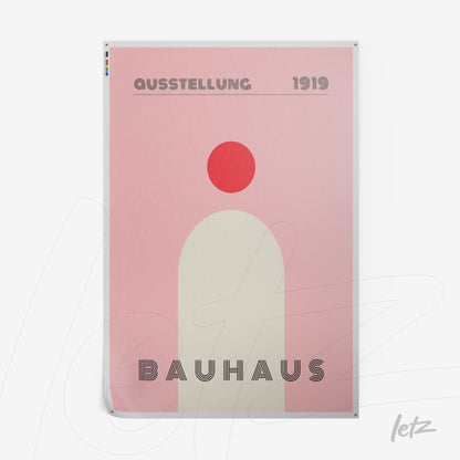 poster print with minimalist design inspired by bauhaus style, displaying geometric shapes in red and pink hues