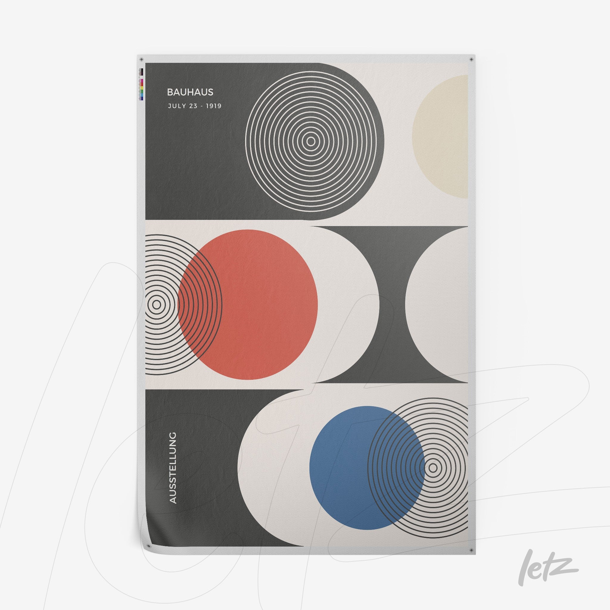 poster print featuring bauhaus style art of colorful concentric circles on a geometric background