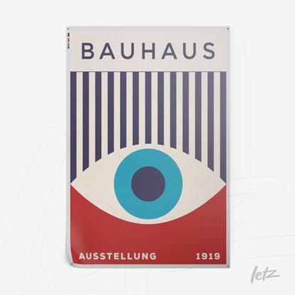 bauhaus style poster featuring geometric design with blue lines and circular shape in red and blue
