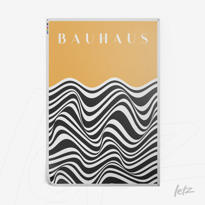poster print with black and white wave art on yellow background featuring the text 'bauhaus'