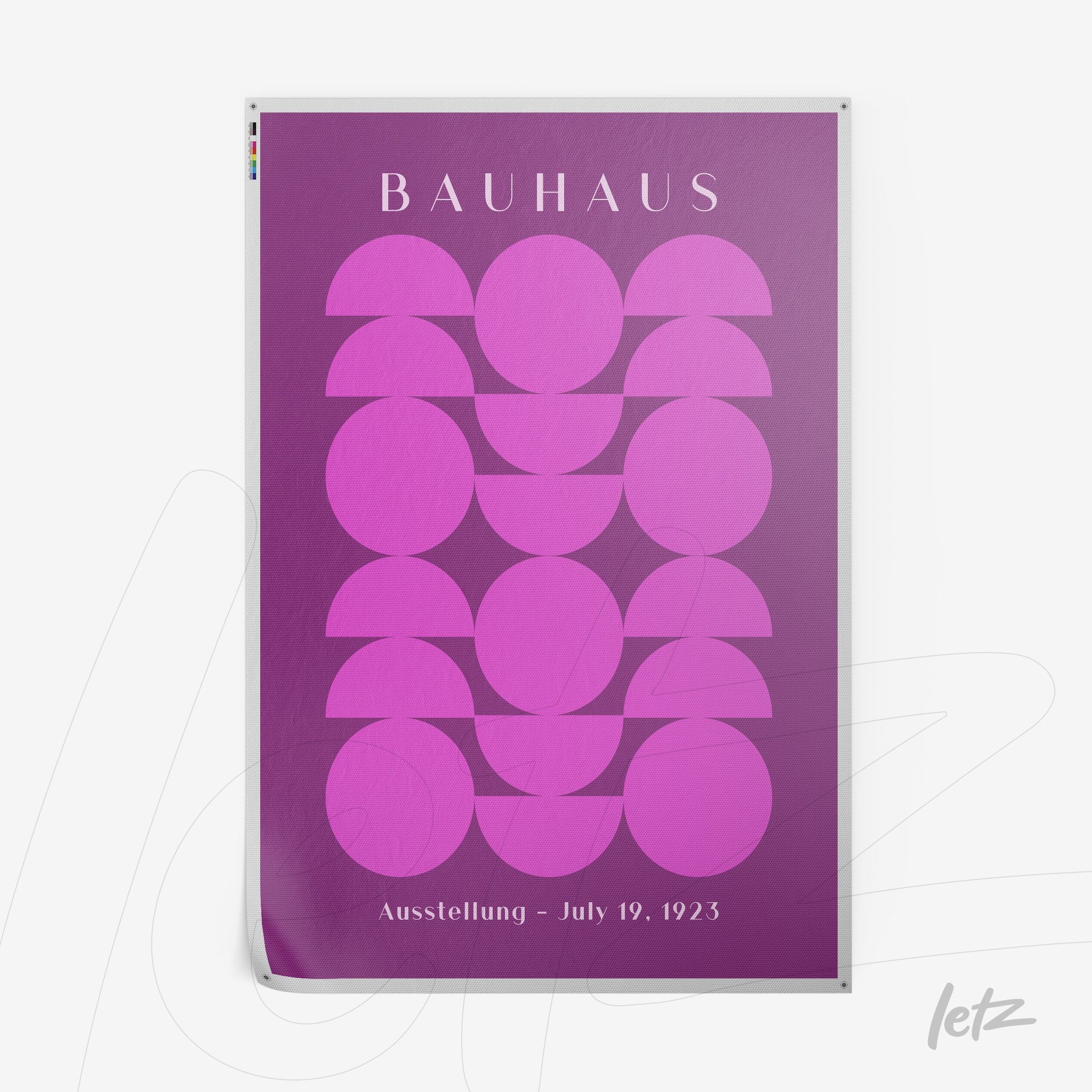 poster with geometric art in shades of purple and pink featuring circles and semicircles on a purple background