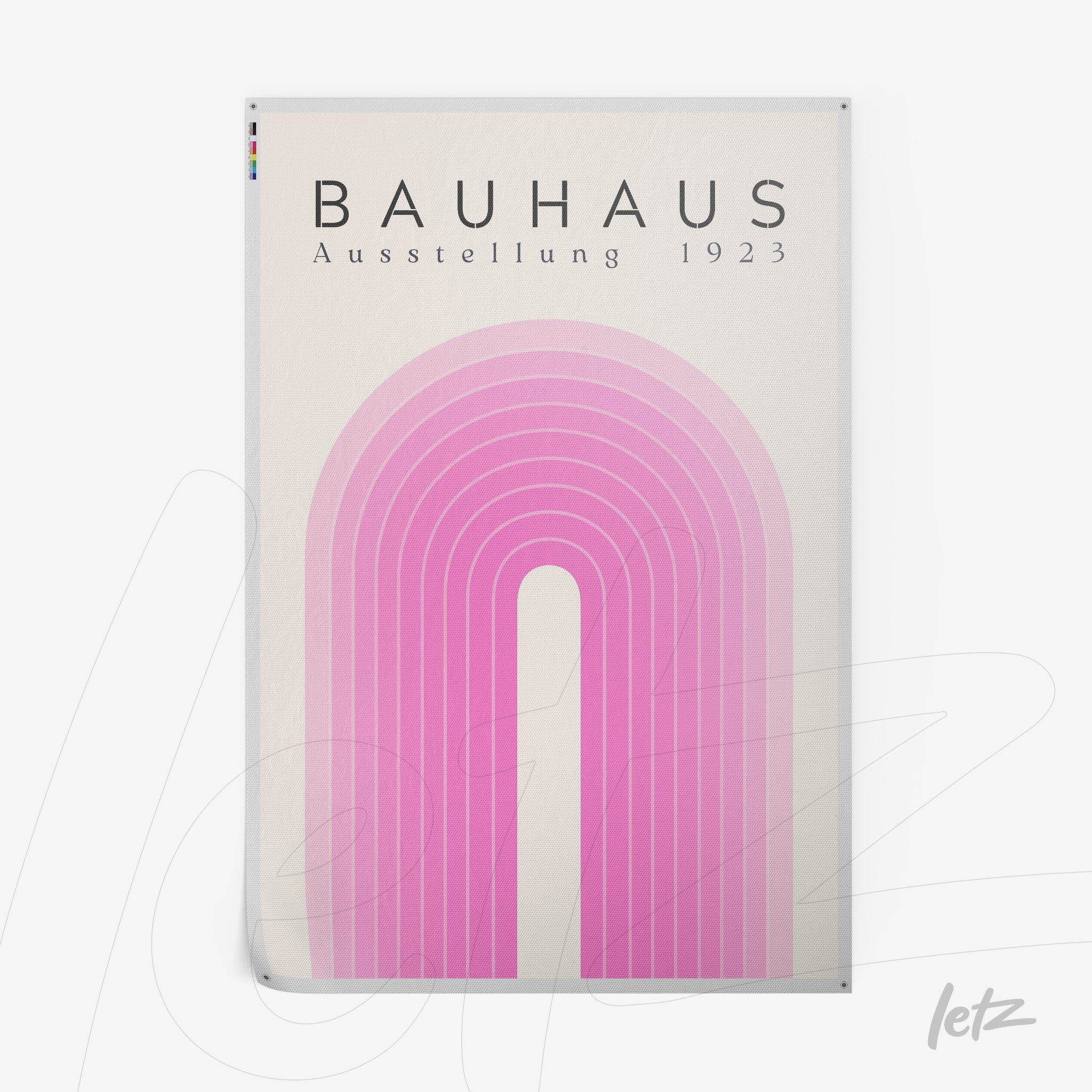 poster featuring geometric design in shades of pink and lilac with the text bauhaus ausstellung 1923