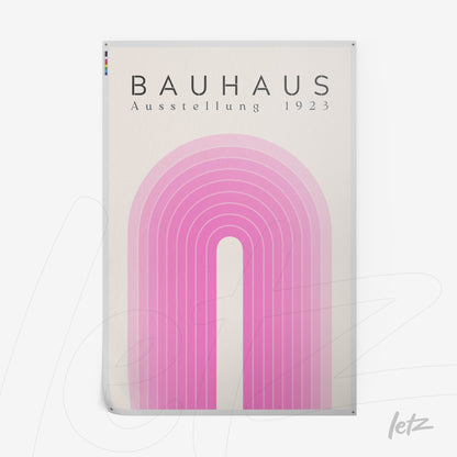 poster featuring geometric design in shades of pink and lilac with the text bauhaus ausstellung 1923