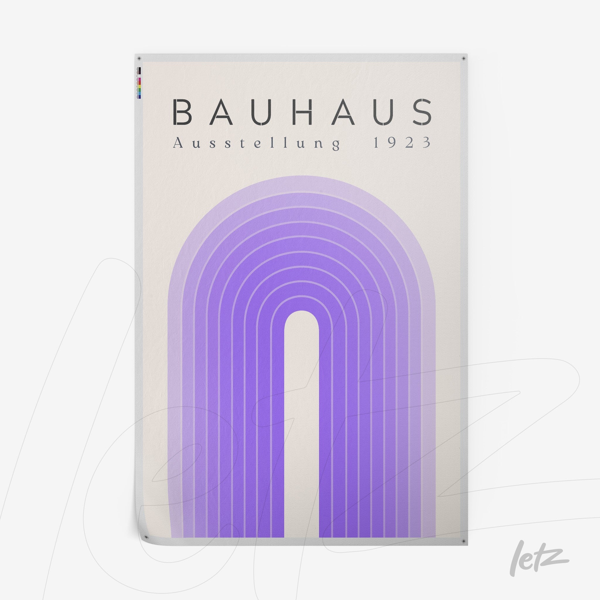 bauhaus style poster print featuring arch design in purple hues