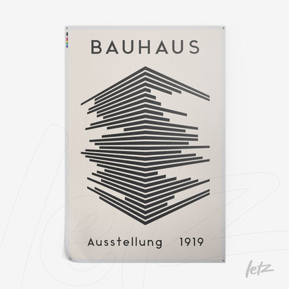 poster print with geometric bauhaus design in black shades on beige background