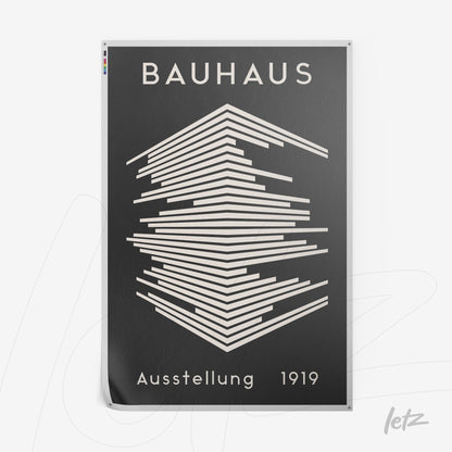 poster featuring abstract black and white Bauhaus style design with geometric lines on a dark background