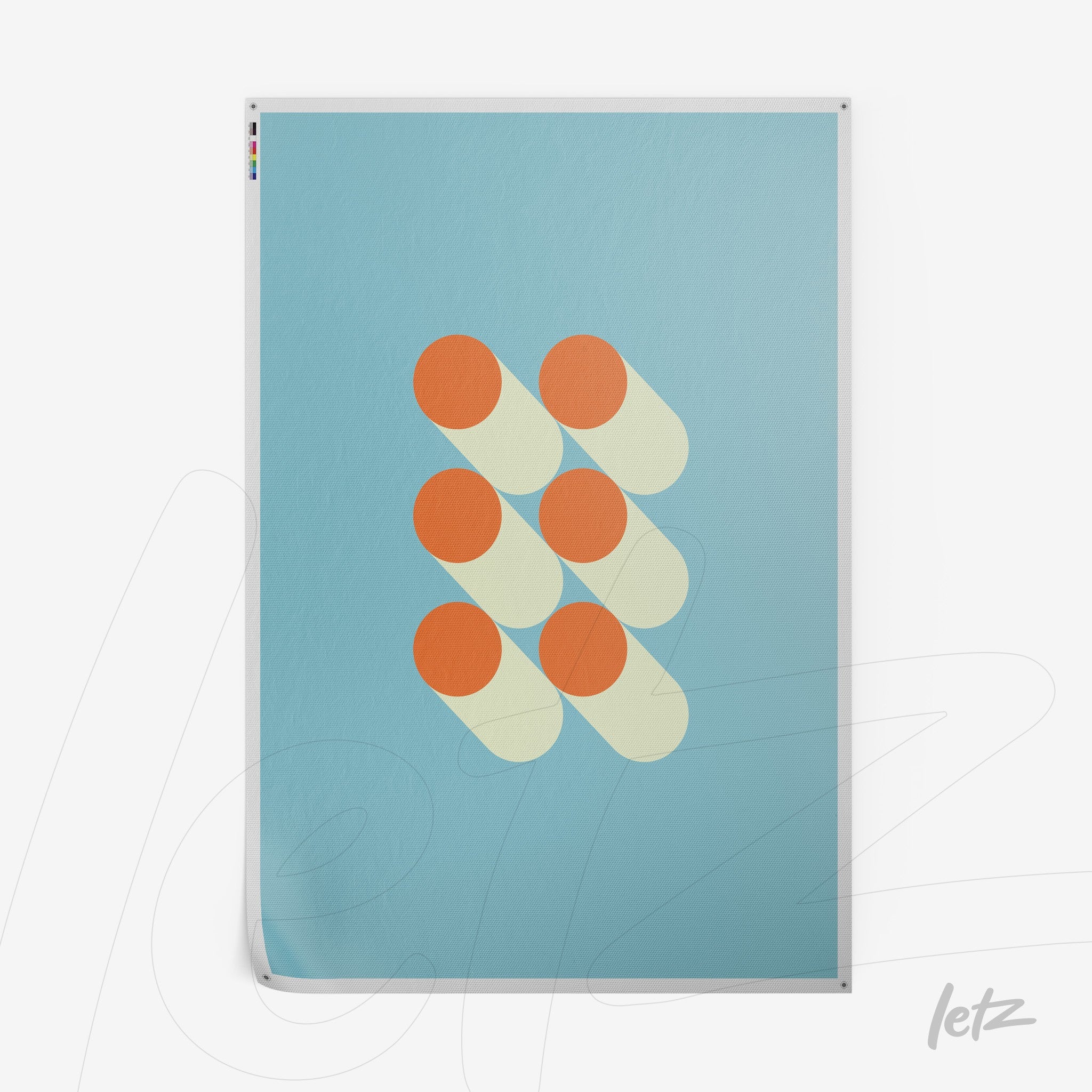 poster featuring geometric design with orange and yellow circles on light blue background