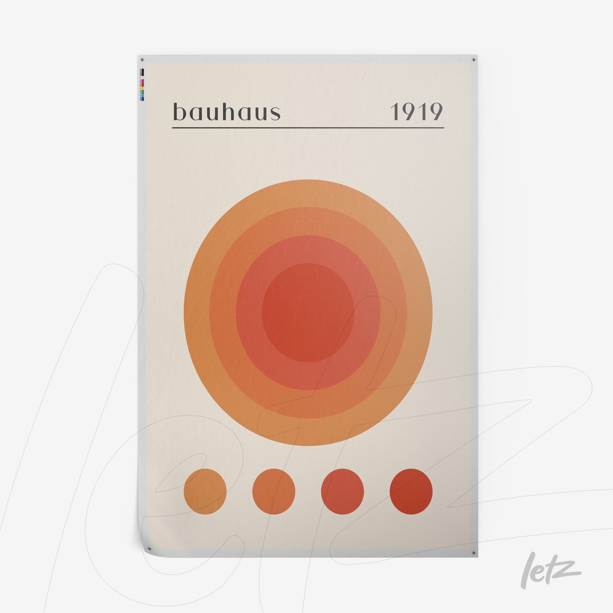 poster featuring circular geometric design in shades of orange and text 'bauhaus 1919'