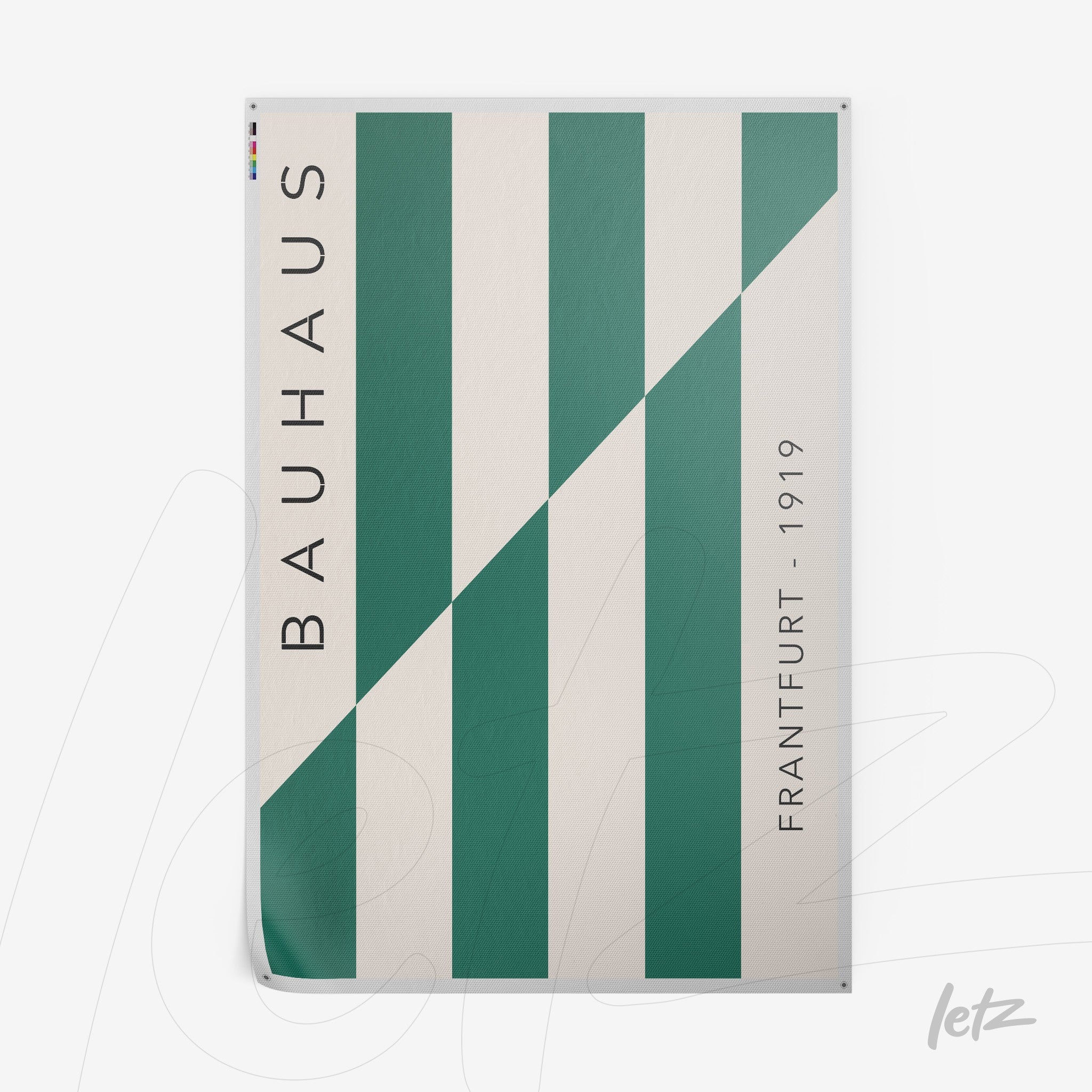 bauhaus style poster with diagonal green and white stripes, vertical text on the left and date on the right