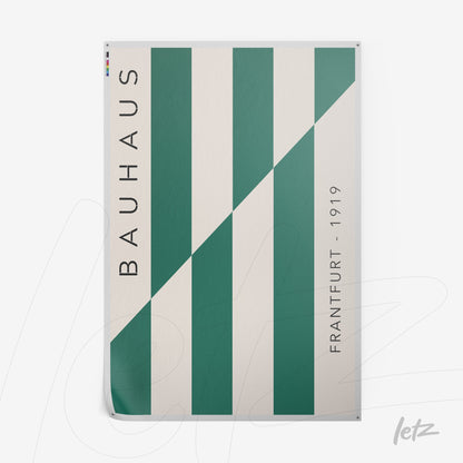 bauhaus style poster with diagonal green and white stripes, vertical text on the left and date on the right