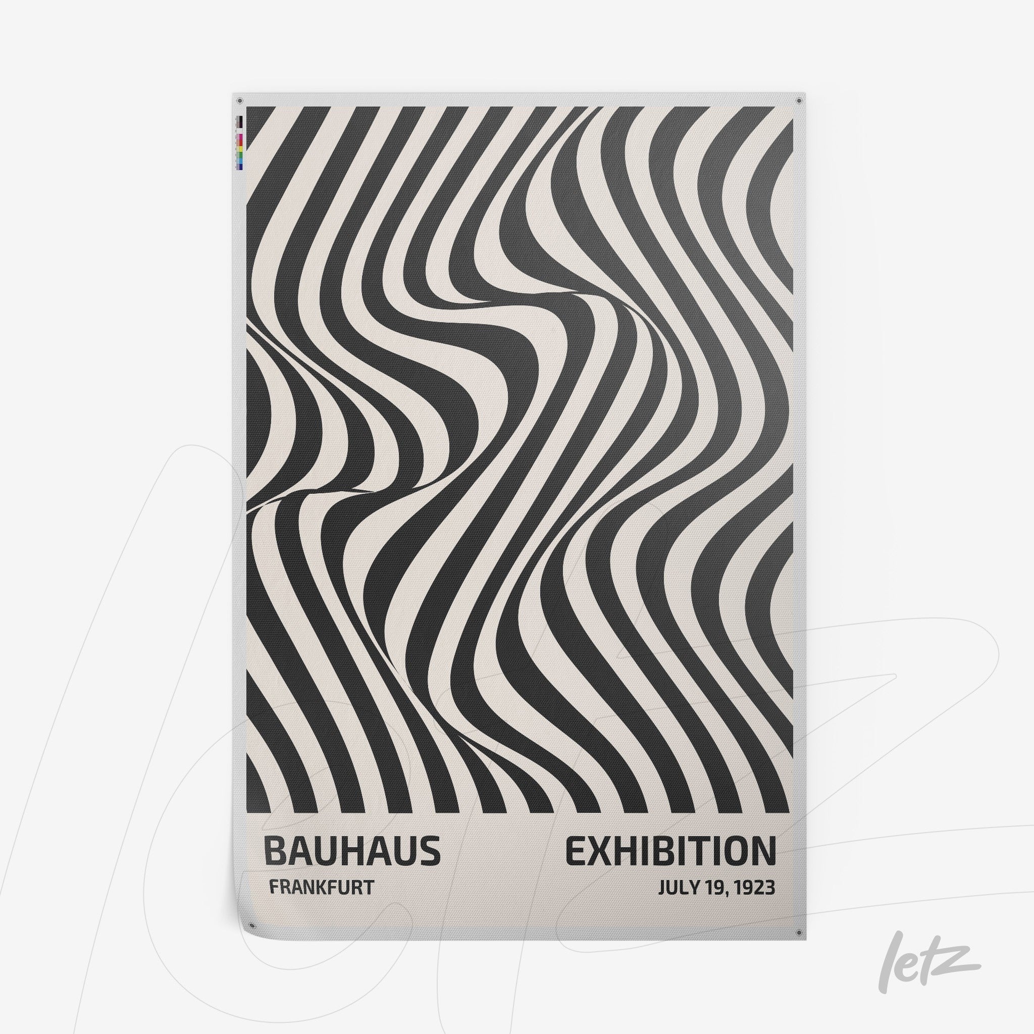 poster print featuring black and white wavy lines with Bauhaus exhibition text in Frankfurt
