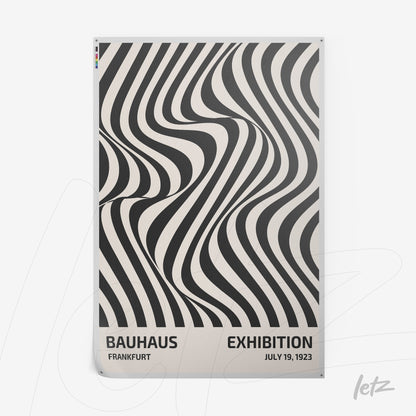 poster print featuring black and white wavy lines with Bauhaus exhibition text in Frankfurt