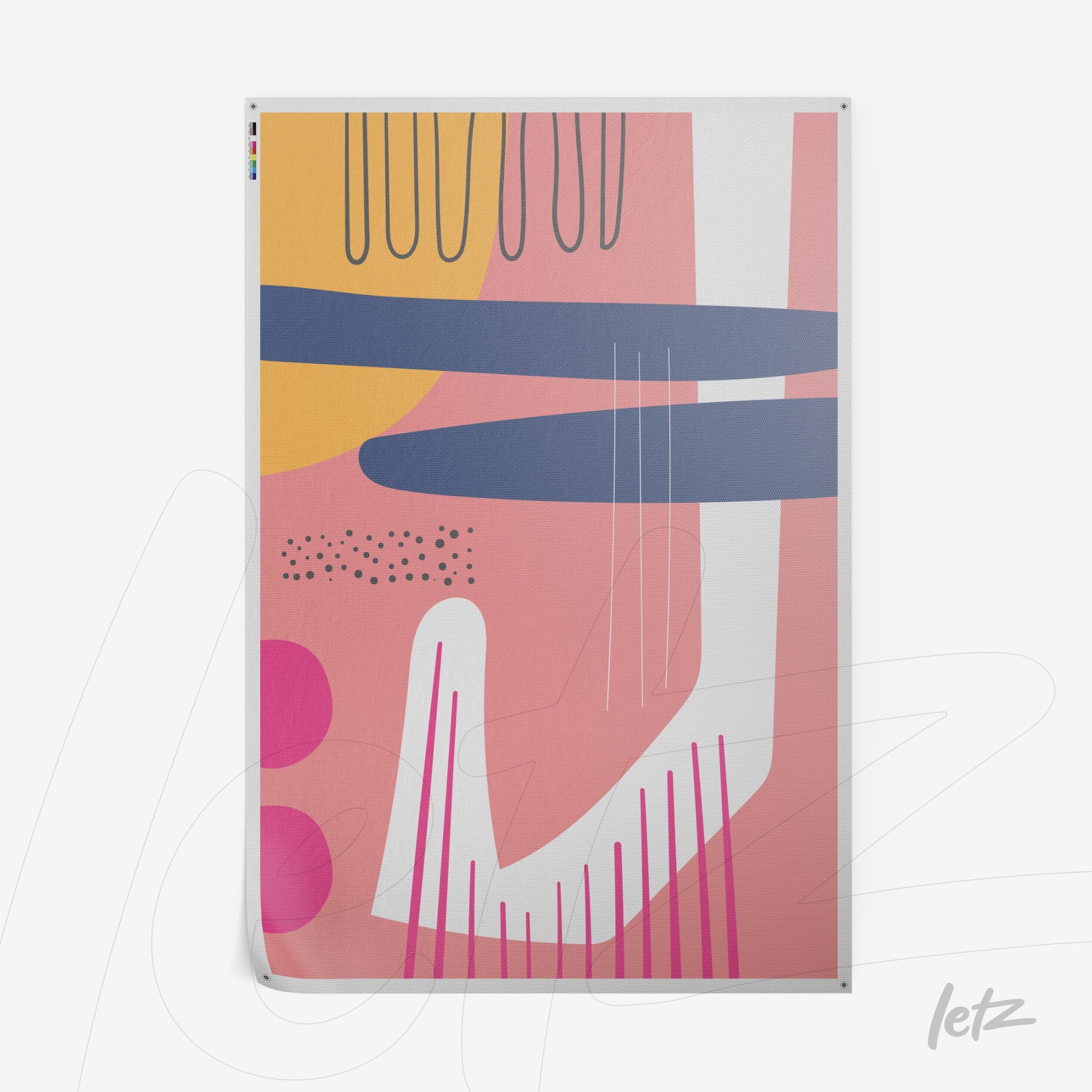 impressão em canvas com arte abstrata boho em cores modernas mostrando formas geométricas e linhas em tons de rosa, azul e laranja