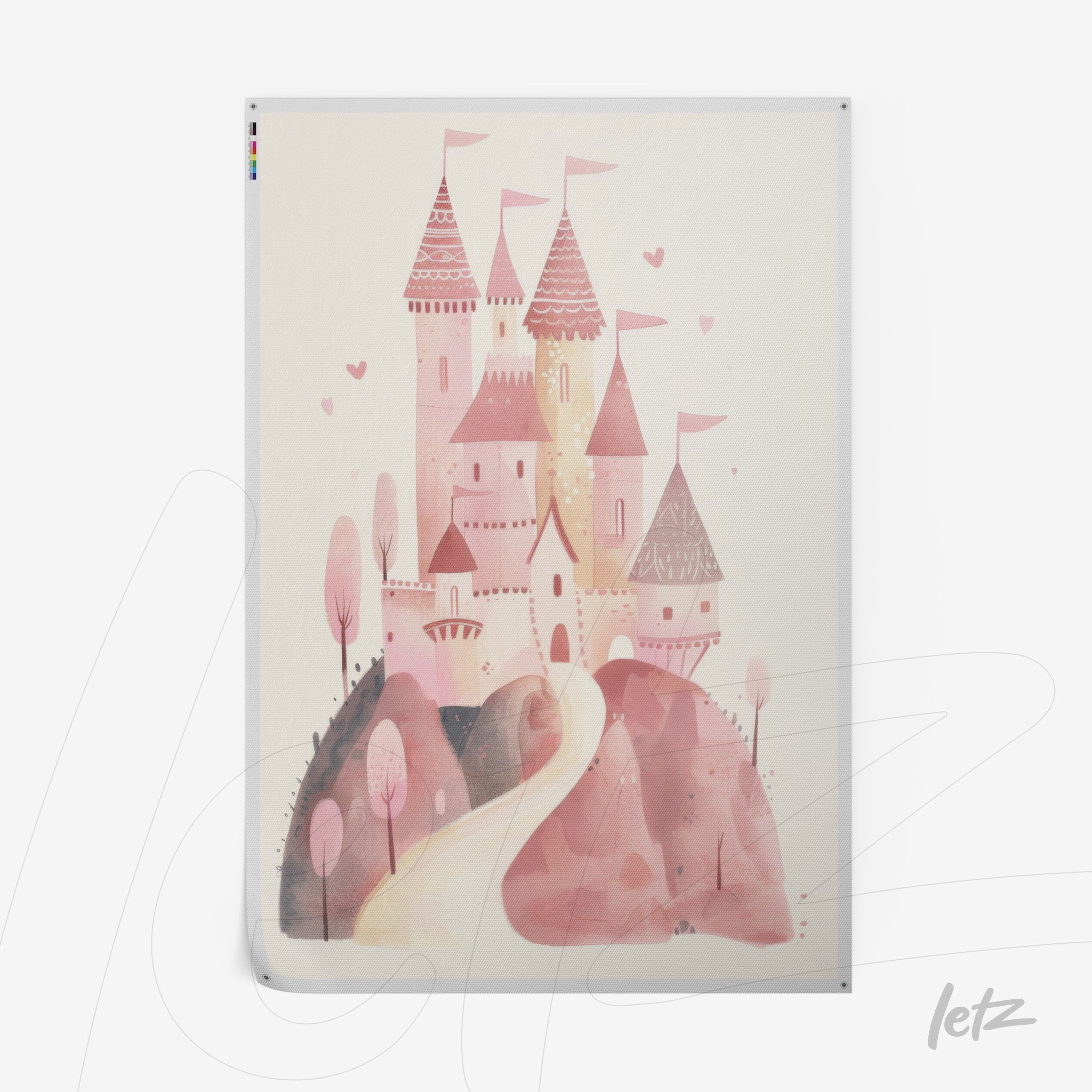 framed wall art featuring a fairy tale castle illustration in shades of pink, surrounded by small trees and a winding path