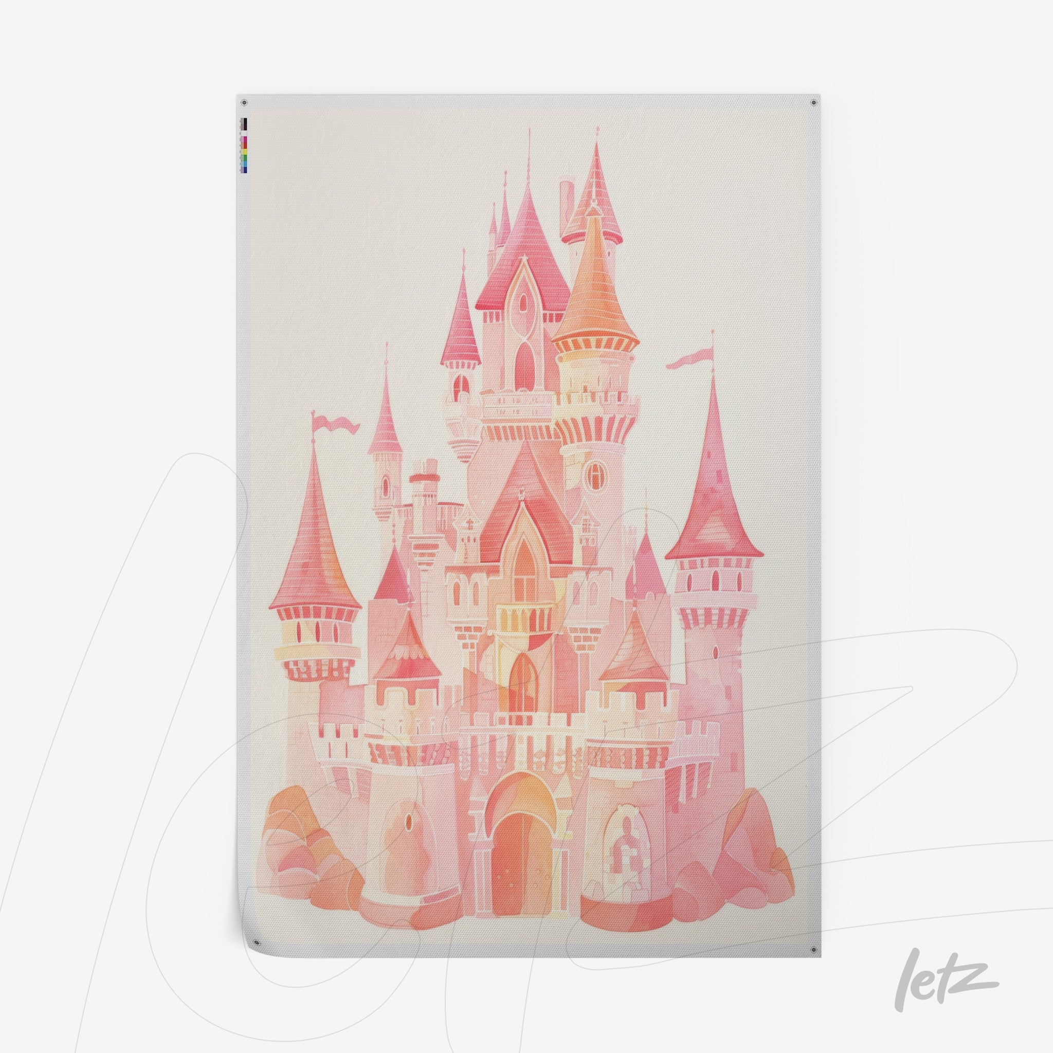 wall art featuring a pink castle illustration with towers and turrets in a soft style against a light background