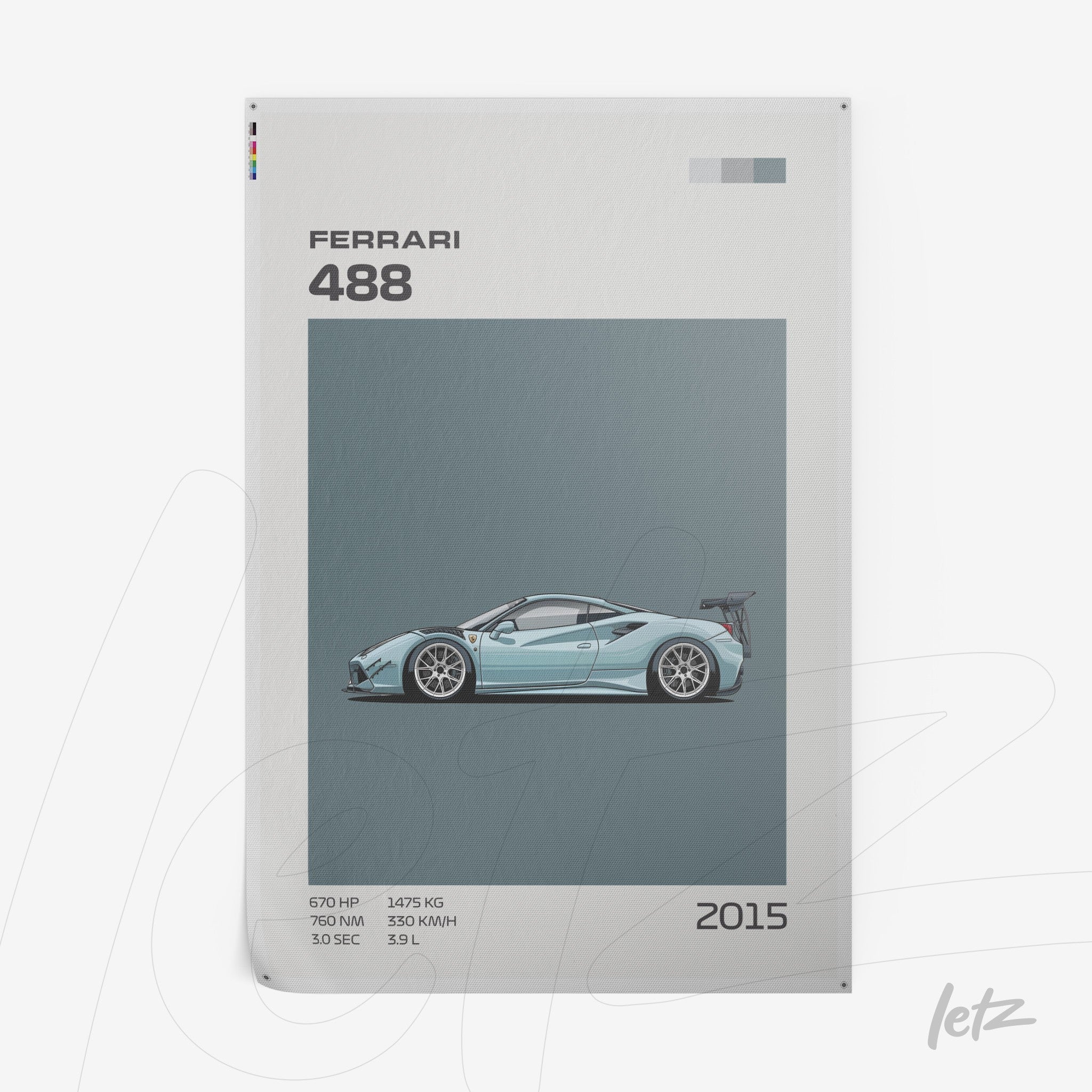 framed art featuring a digital illustration of a Ferrari 488 sports car in light blue background with gray details displaying technical specifications of the model