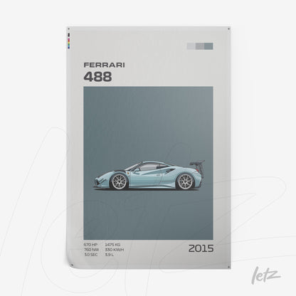 framed art featuring a digital illustration of a Ferrari 488 sports car in light blue background with gray details displaying technical specifications of the model